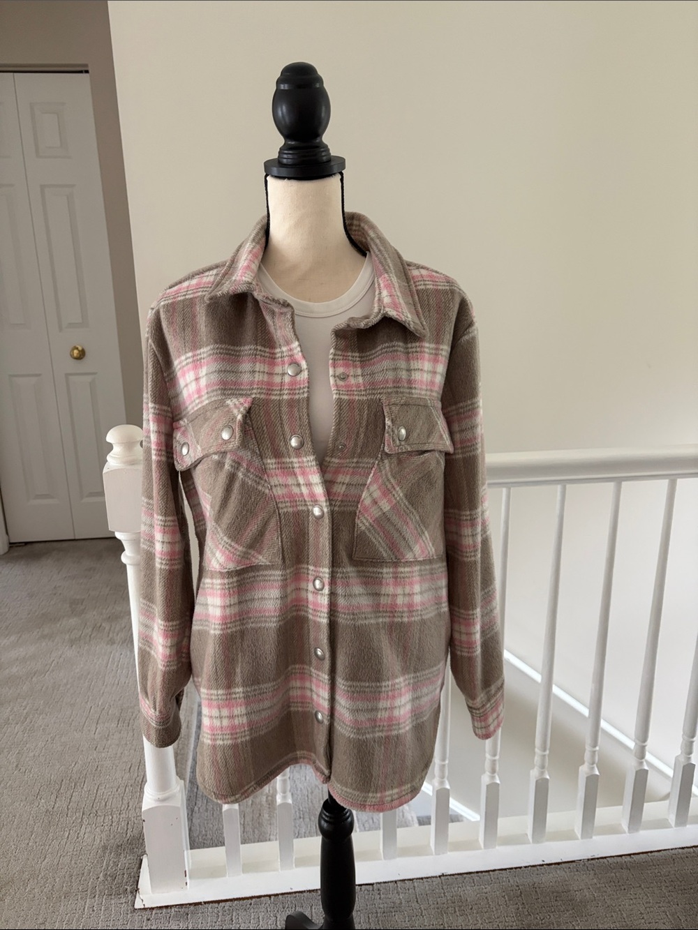 Blank NYC Taupe & Pink Plaid Teddy Shacket